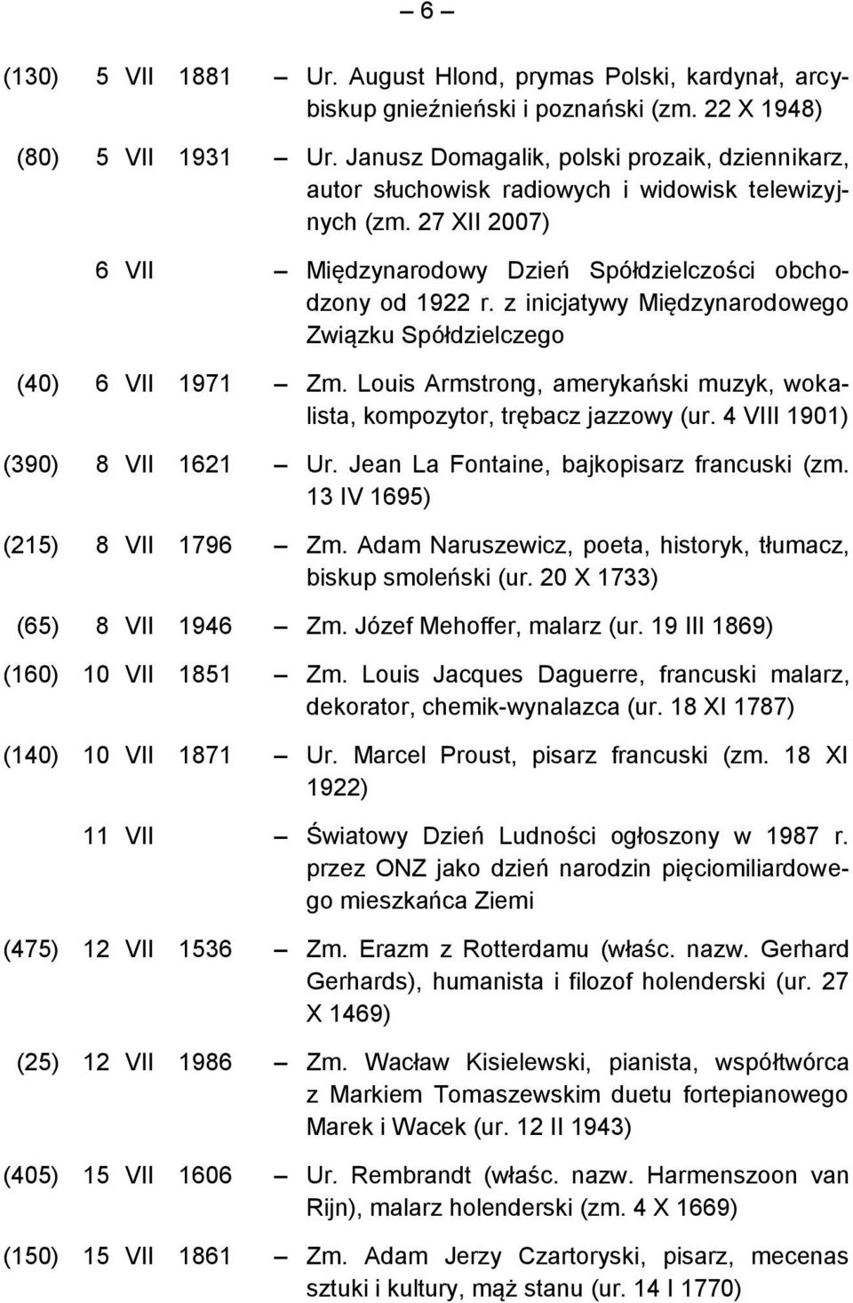 z inicjatywy Międzynarodowego Związku Spółdzielczego (40) 6 VII 1971 Zm. Louis Armstrong, amerykański muzyk, wokalista, kompozytor, trębacz jazzowy (ur. 4 VIII 1901) (390) 8 VII 1621 Ur.