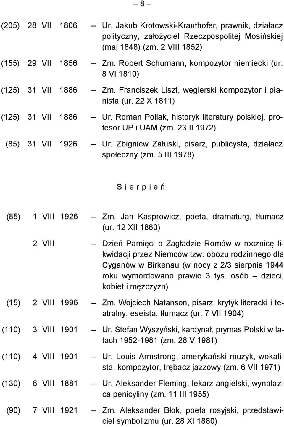 Roman Pollak, historyk literatury polskiej, profesor UP i UAM (zm. 23 II 1972) (85) 31 VII 1926 Ur. Zbigniew Załuski, pisarz, publicysta, działacz społeczny (zm.