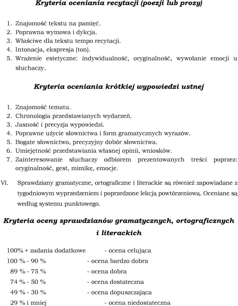 Jasność i precyzja wypowiedzi. 4. Poprawne użycie słownictwa i form gramatycznych wyrazów. 5. Bogate słownictwo, precyzyjny dobór słownictwa. 6. Umiejętność przedstawiania własnej opinii, wniosków. 7.