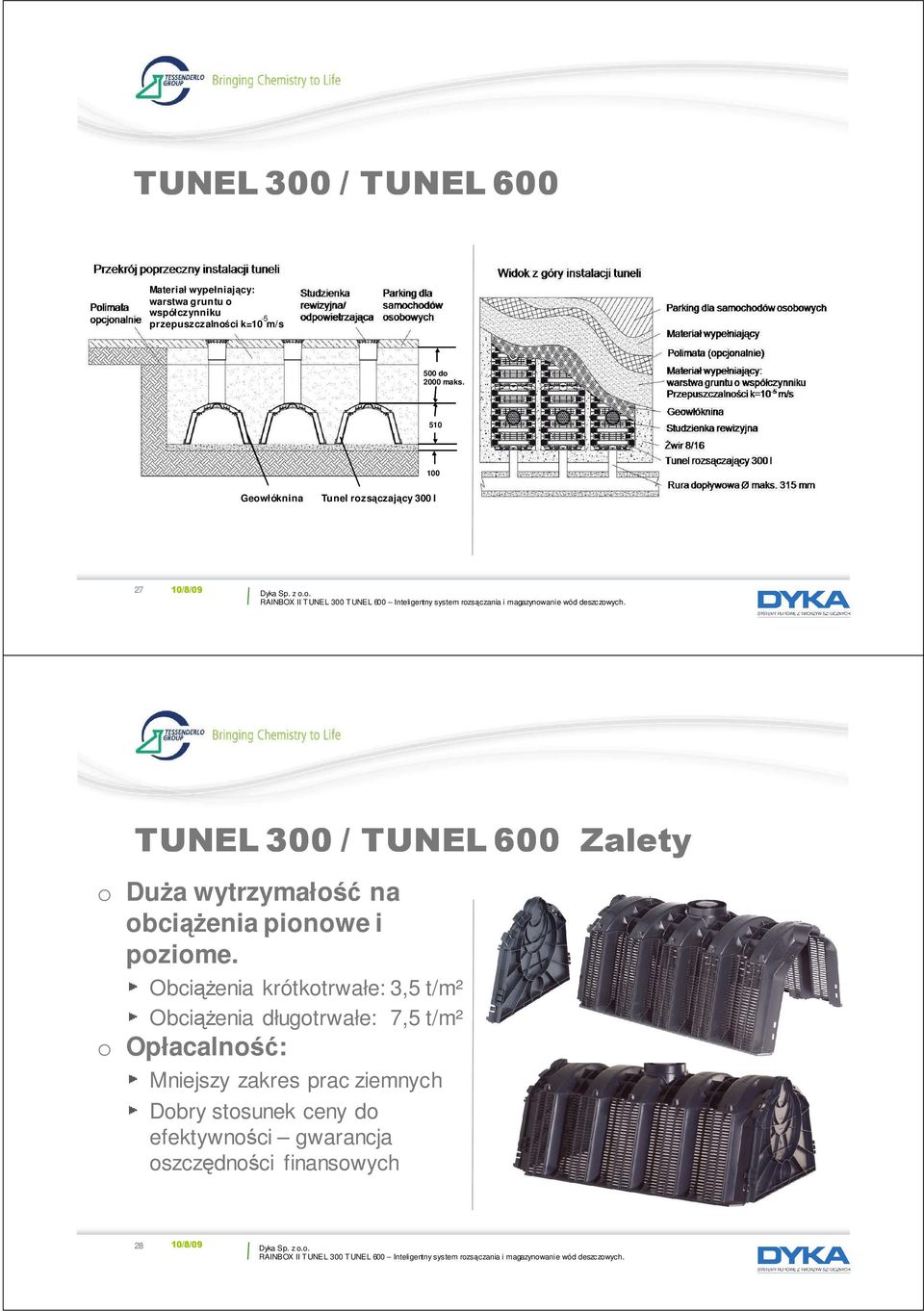 510 100 Geowłóknina Tunel rozsączający 300 l 27 10/8/09 TUNEL 300 / TUNEL 600 Zalety o DuŜa wytrzymałość na obciąŝenia pionowe