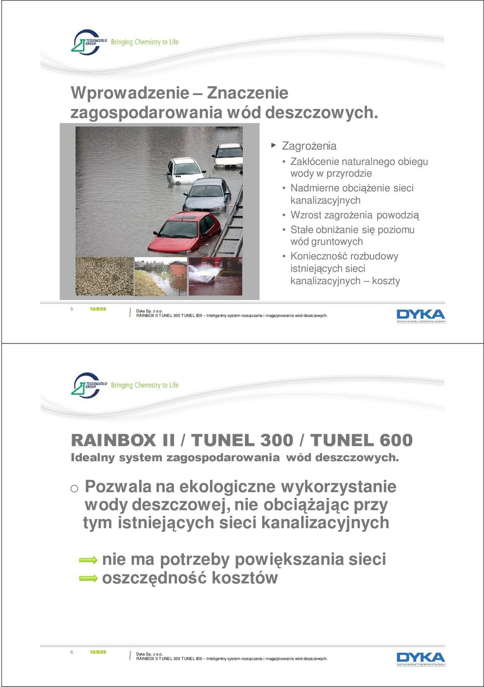 obniŝanie się poziomu wód gruntowych Konieczność rozbudowy istniejących sieci kanalizacyjnych koszty 5 10/8/09 RAINBOX II / TUNEL 300 / TUNEL