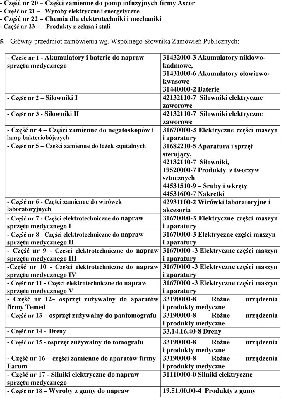 Wspólnego Słownika Zamówień Publicznych: - Część nr 1 - Akumulatory i baterie do napraw sprzętu medycznego 31432000-3 Akumulatory niklowokadmowe, 31431000-6 Akumulatory ołowiowokwasowe 31440000-2