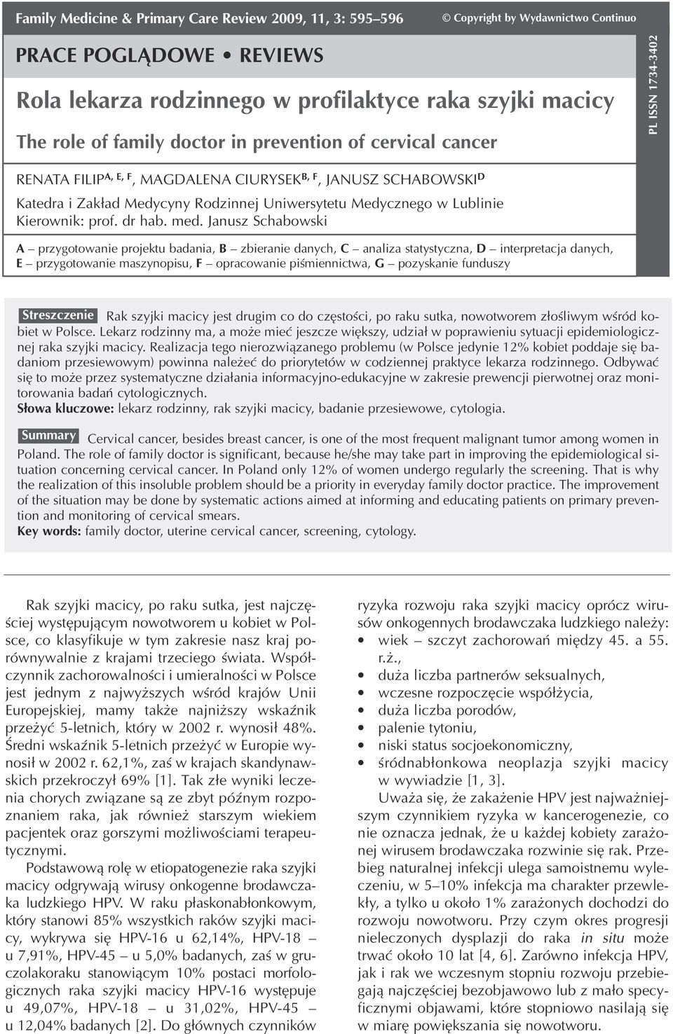 Janusz Schabowski A przygotowanie projektu badania, B zbieranie danych, C analiza statystyczna, D interpretacja danych, E przygotowanie maszynopisu, F opracowanie piśmiennictwa, G pozyskanie funduszy