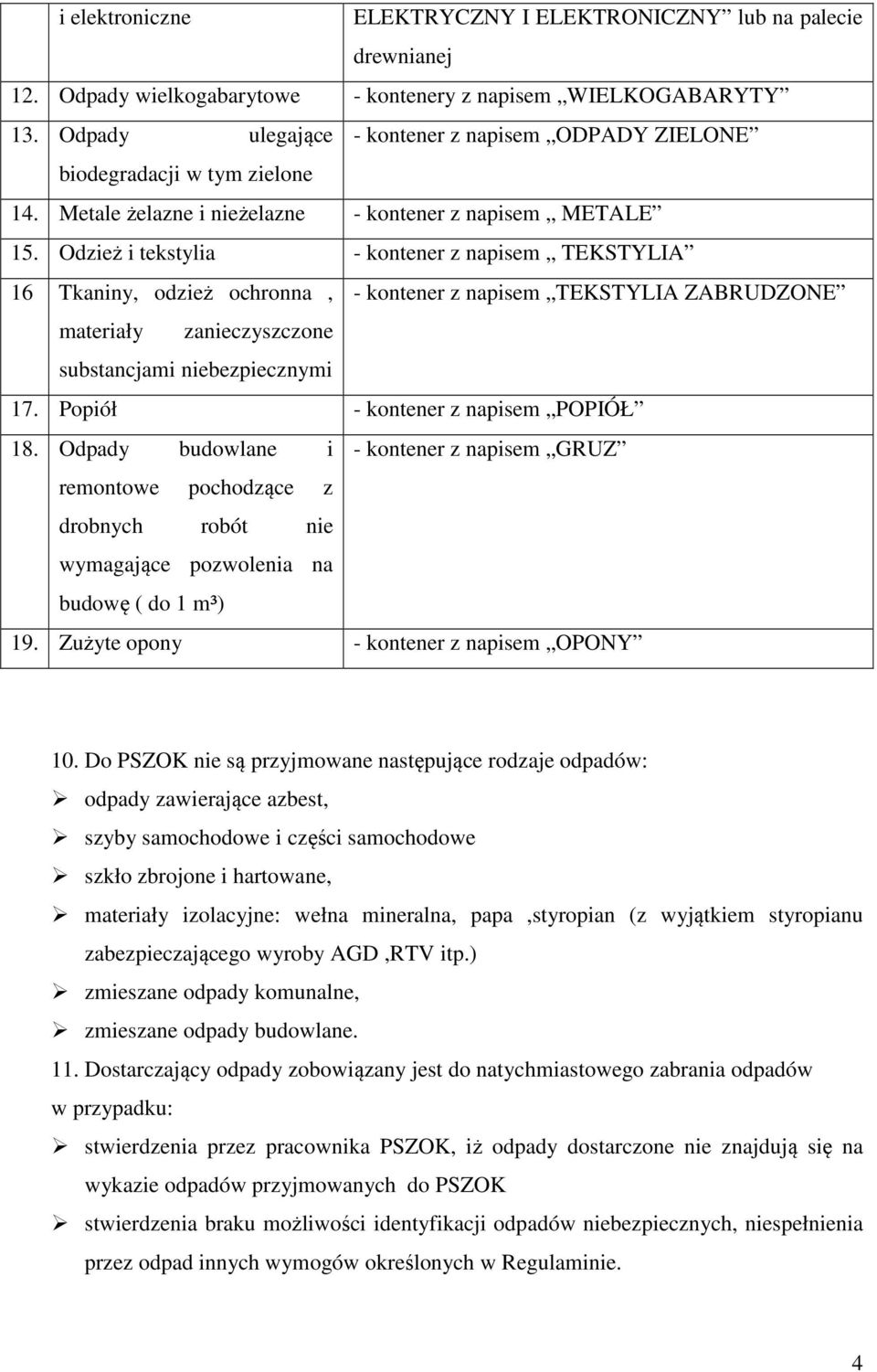 Odzież i tekstylia - kontener z napisem TEKSTYLIA 16 Tkaniny, odzież ochronna, - kontener z napisem TEKSTYLIA ZABRUDZONE materiały zanieczyszczone substancjami niebezpiecznymi 17.