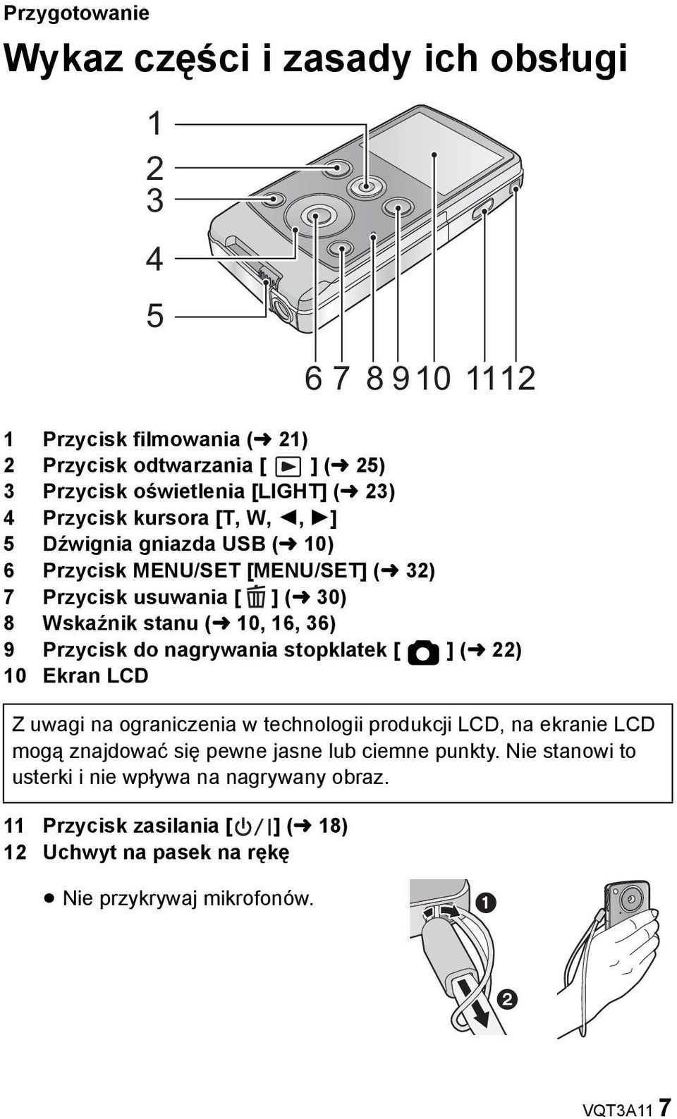 36) 9 Przycisk do nagrywania stopklatek [ ] (l 22) 10 Ekran LCD Z uwagi na ograniczenia w technologii produkcji LCD, na ekranie LCD mogą znajdować się pewne jasne lub