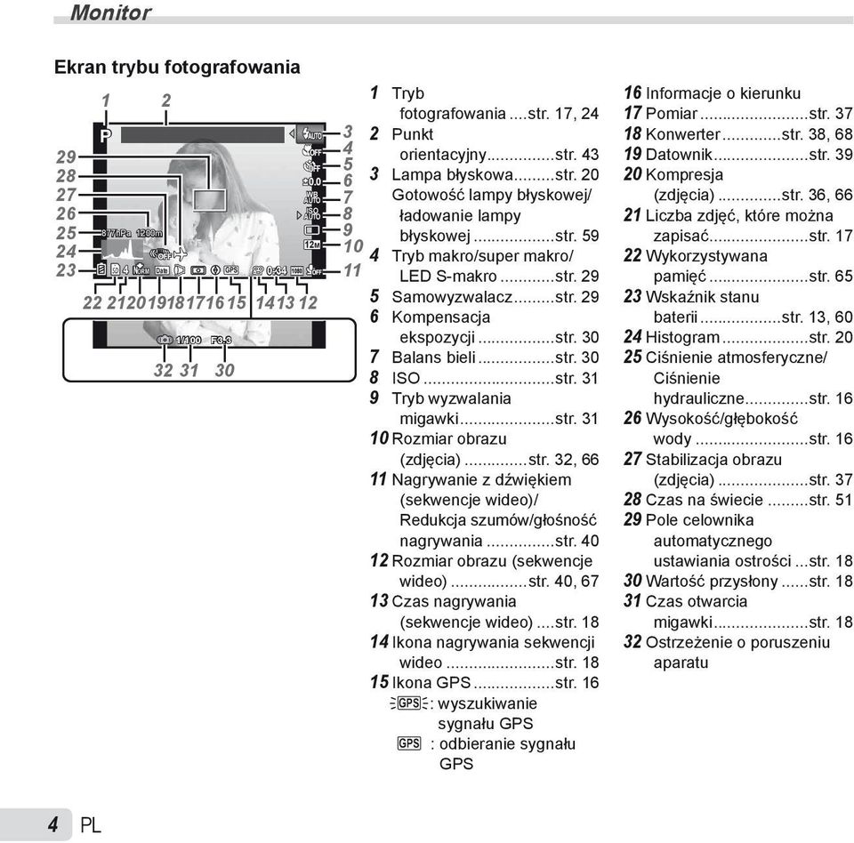 ..str. 29 5 Samowyzwalacz...str. 29 6 Kompensacja ekspozycji...str. 30 7 Balans bieli...str. 30 8 ISO...str. 31 9 Tryb wyzwalania migawki...str. 31 10 Rozmiar obrazu (zdjęcia)...str. 32, 66 11 Nagrywanie z dźwiękiem (sekwencje wideo)/ Redukcja szumów/głośność nagrywania.