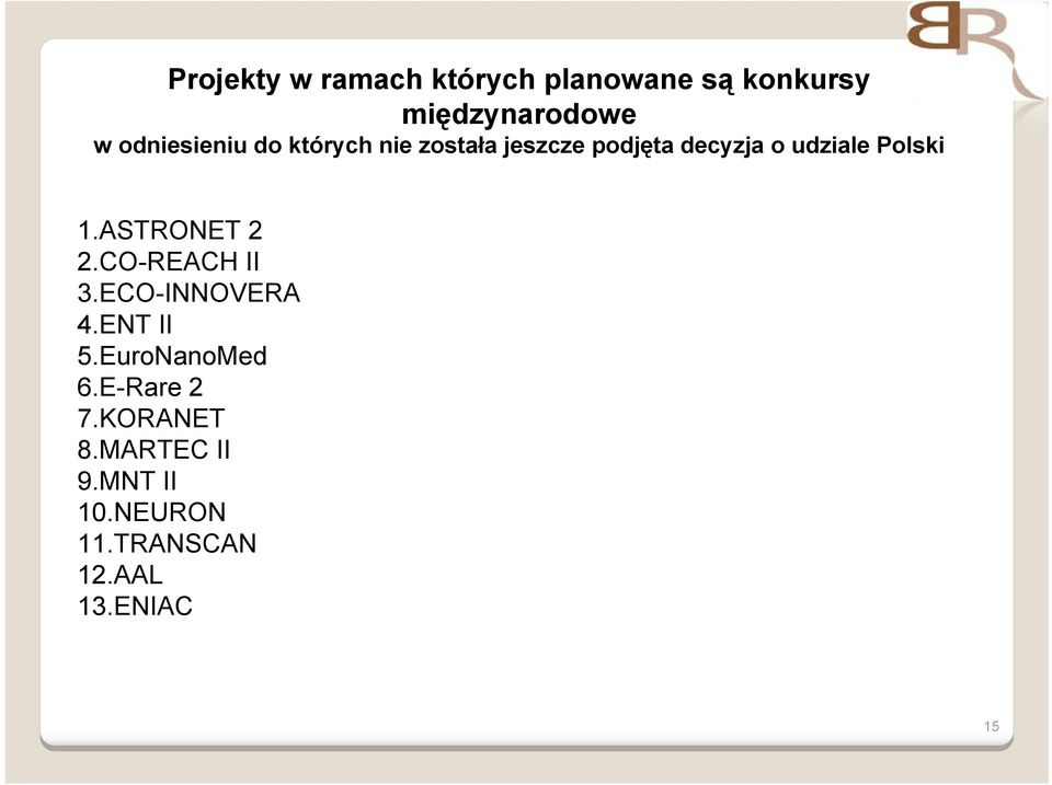 Polski 1.ASTRONET 2 2.CO-REACH II 3.ECO-INNOVERA 4.ENT II 5.