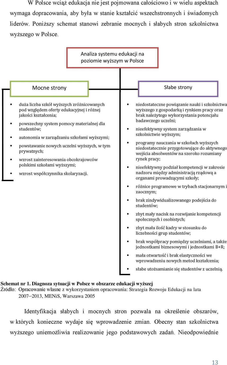 Analiza systemu edukacji na poziomie wyższym w Polsce Mocne strony Słabe strony duża liczba szkół wyższych zróżnicowanych pod względem oferty edukacyjnej i różnej jakości kształcenia; powszechny