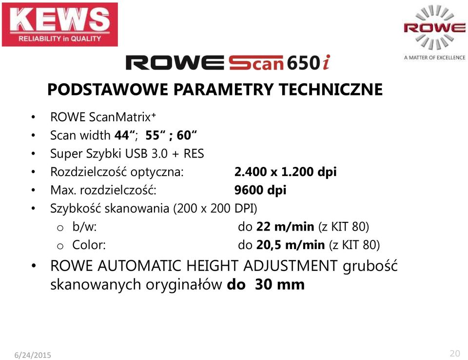 rozdzielczość: 9600 dpi Szybkość skanowania (200 x 200 DPI) o b/w: do 22 m/min (z KIT