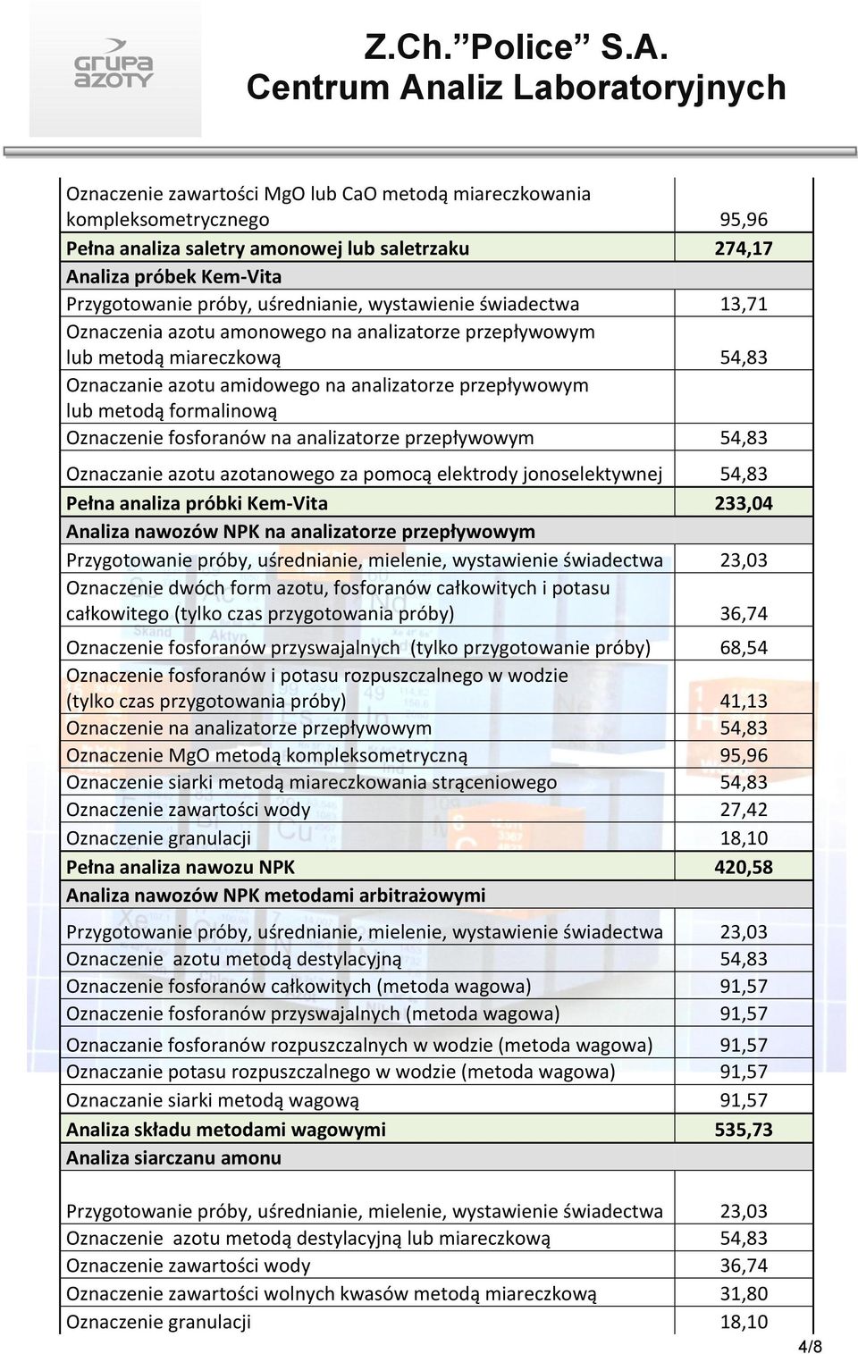 Oznaczenie fosforanów na analizatorze przepływowym 54,83 Oznaczanie azotu azotanowego za pomocą elektrody jonoselektywnej 54,83 Pełna analiza próbki Kem-Vita 233,04 Analiza nawozów NPK na