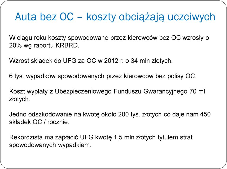 Koszt wypłaty z Ubezpieczeniowego Funduszu Gwarancyjnego 70 ml złotych. Jedno odszkodowanie na kwotę około 200 tys.