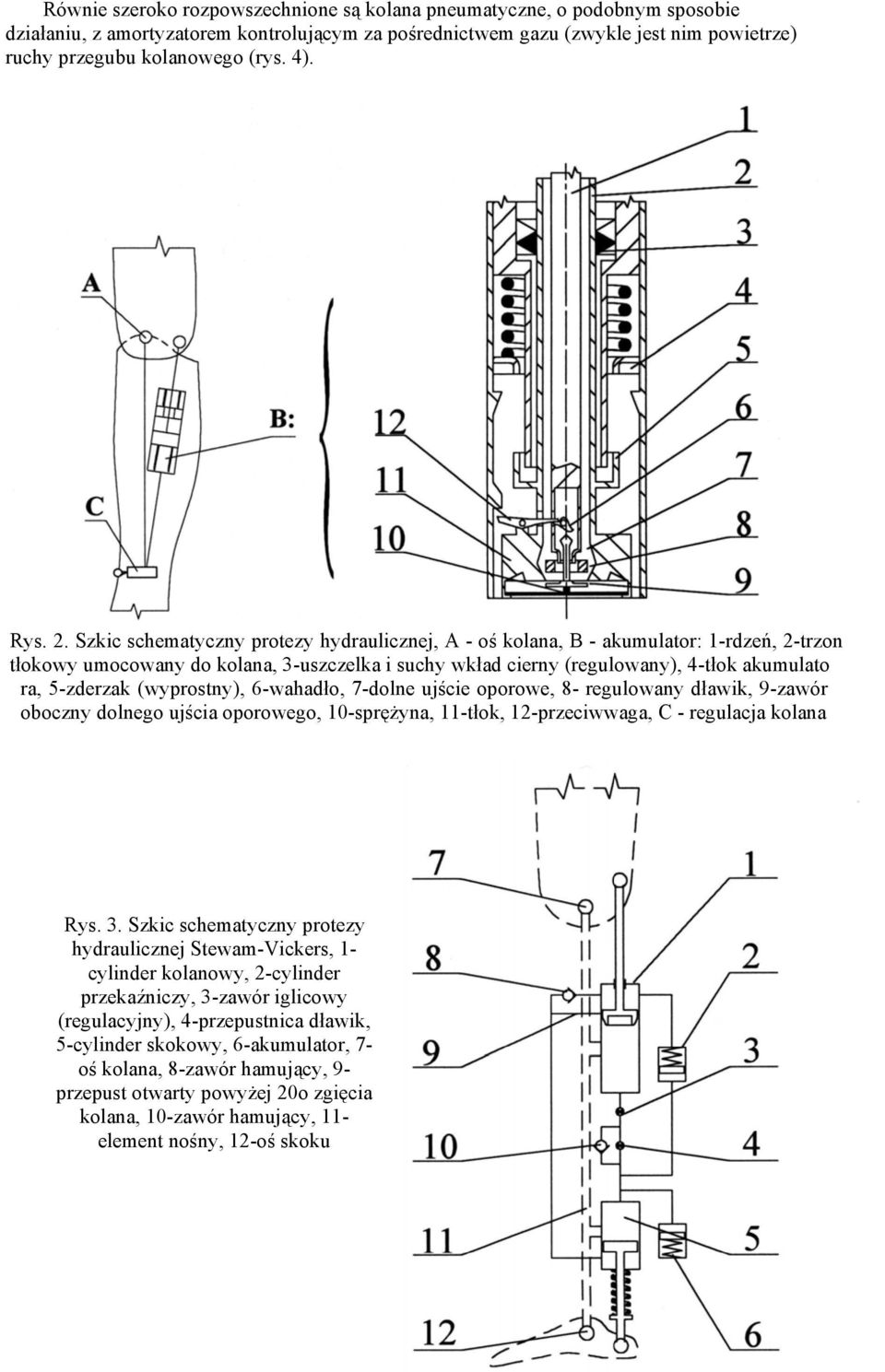 Szkic schematyczny protezy hydraulicznej, A - oś kolana, B - akumulator: 1-rdzeń, 2-trzon tłokowy umocowany do kolana, 3-uszczelka i suchy wkład cierny (regulowany), 4-tłok akumulato ra, 5-zderzak