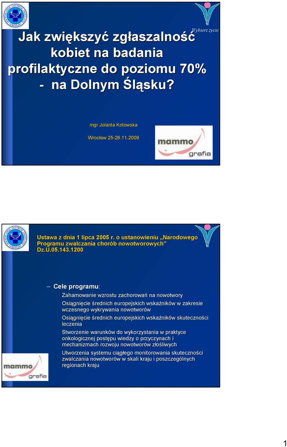 1200 Cele programu: - Zahamowanie wzrostu zachorowań na nowotwory - Osiągnięcie średnich europejskich wskaźników w zakresie wczesnego wykrywania nowotworów - Osiągnięcie średnich