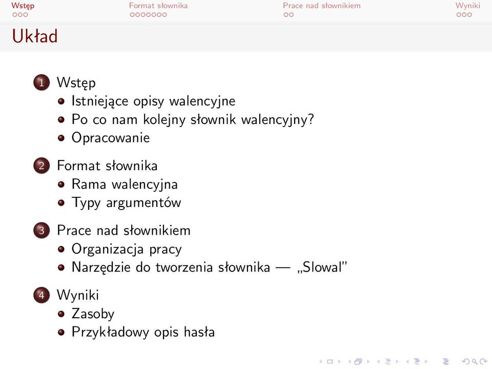 Opracowanie 2 Format słownika Rama walencyjna Typy argumentów 3