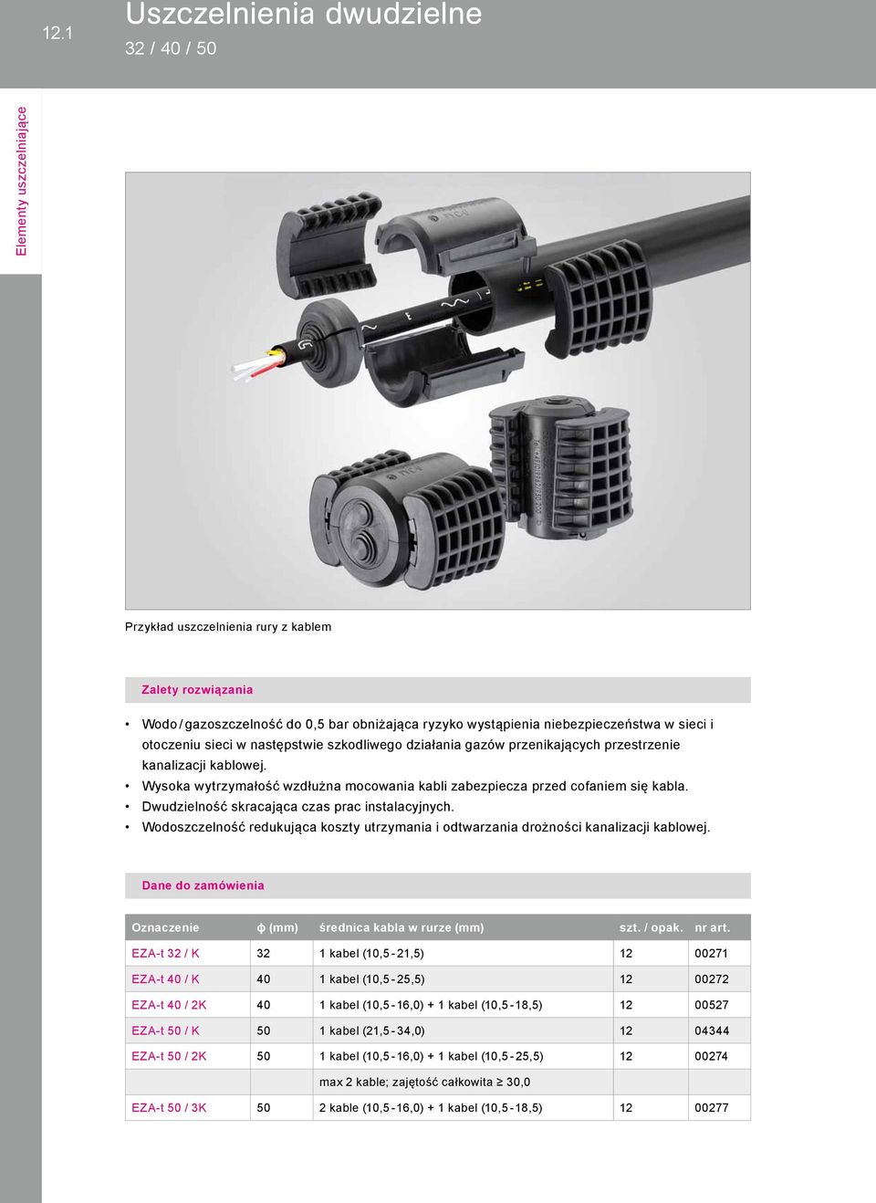 Dwudzielność skracająca czas prac instalacyjnych. Wodoszczelność redukująca koszty utrzymania i odtwarzania drożności kanalizacji kablowej. Oznaczenie ɸ (mm) średnica kabla w rurze (mm) szt. / opak.