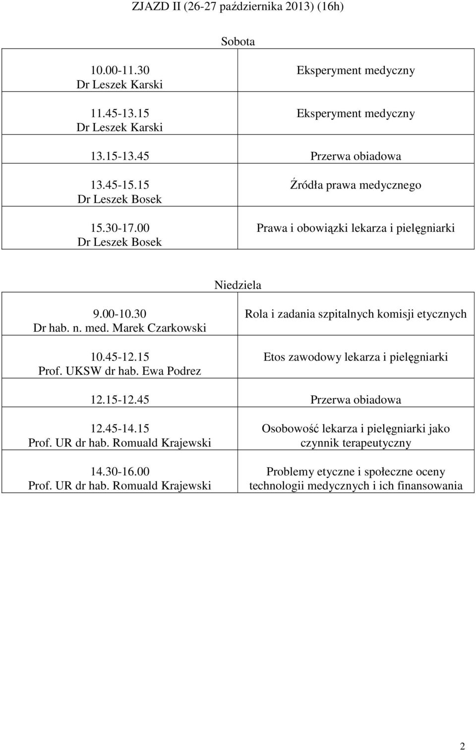 Ewa Podrez Rola i zadania szpitalnych komisji etycznych Etos zawodowy lekarza i pielęgniarki 12.15-12.45 Przerwa obiadowa 12.45-14.15 Prof. UR dr hab.