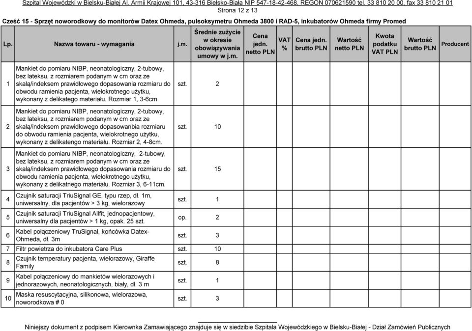 Mankiet do pomiaru NIBP, neonatologiczny, 2-tubowy, bez lateksu, z rozmiarem podanym w cm oraz ze skalą/indeksem prawidłowego dopasowanbia rozmiaru do obwodu ramienia pacjenta, wielokrotnego użytku,