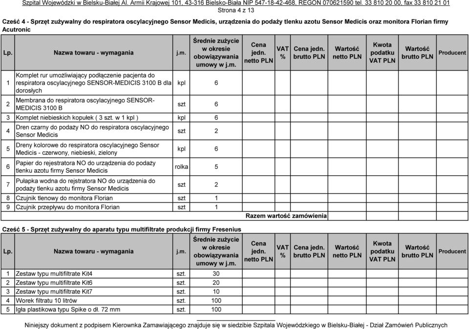 w kpl ) kpl 6 Dren czarny do podaży NO do respiratora oscylacyjnego Sensor Medicis szt 2 Dreny kolorowe do respiratora oscylacyjnego Sensor Medicis - czerwony, niebieski, zielony kpl 6 6 Papier do