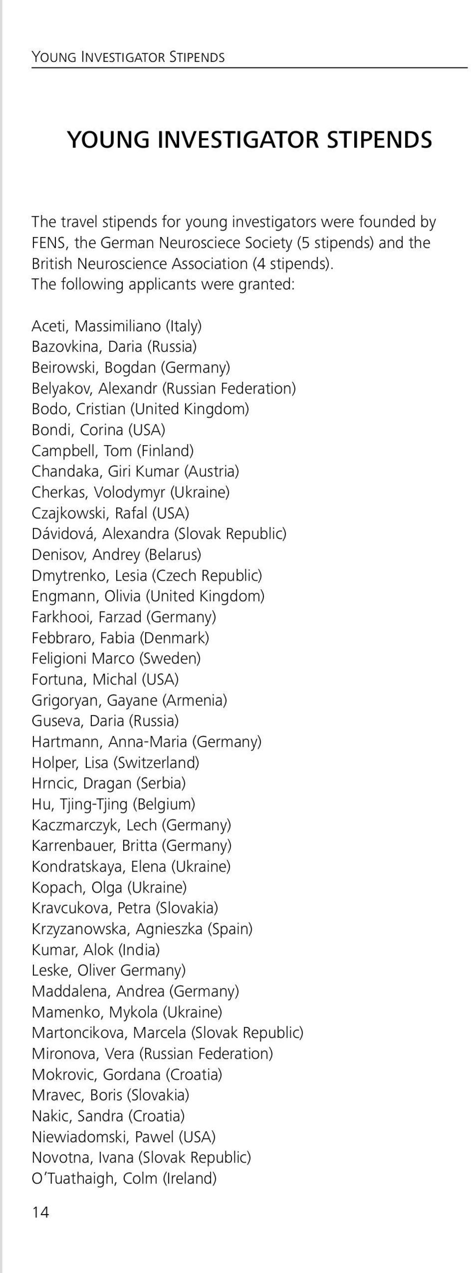 The following applicants were granted: Aceti, Massimiliano (Italy) Bazovkina, Daria (Russia) Beirowski, Bogdan (Germany) Belyakov, Alexandr (Russian Federation) Bodo, Cristian (United Kingdom) Bondi,