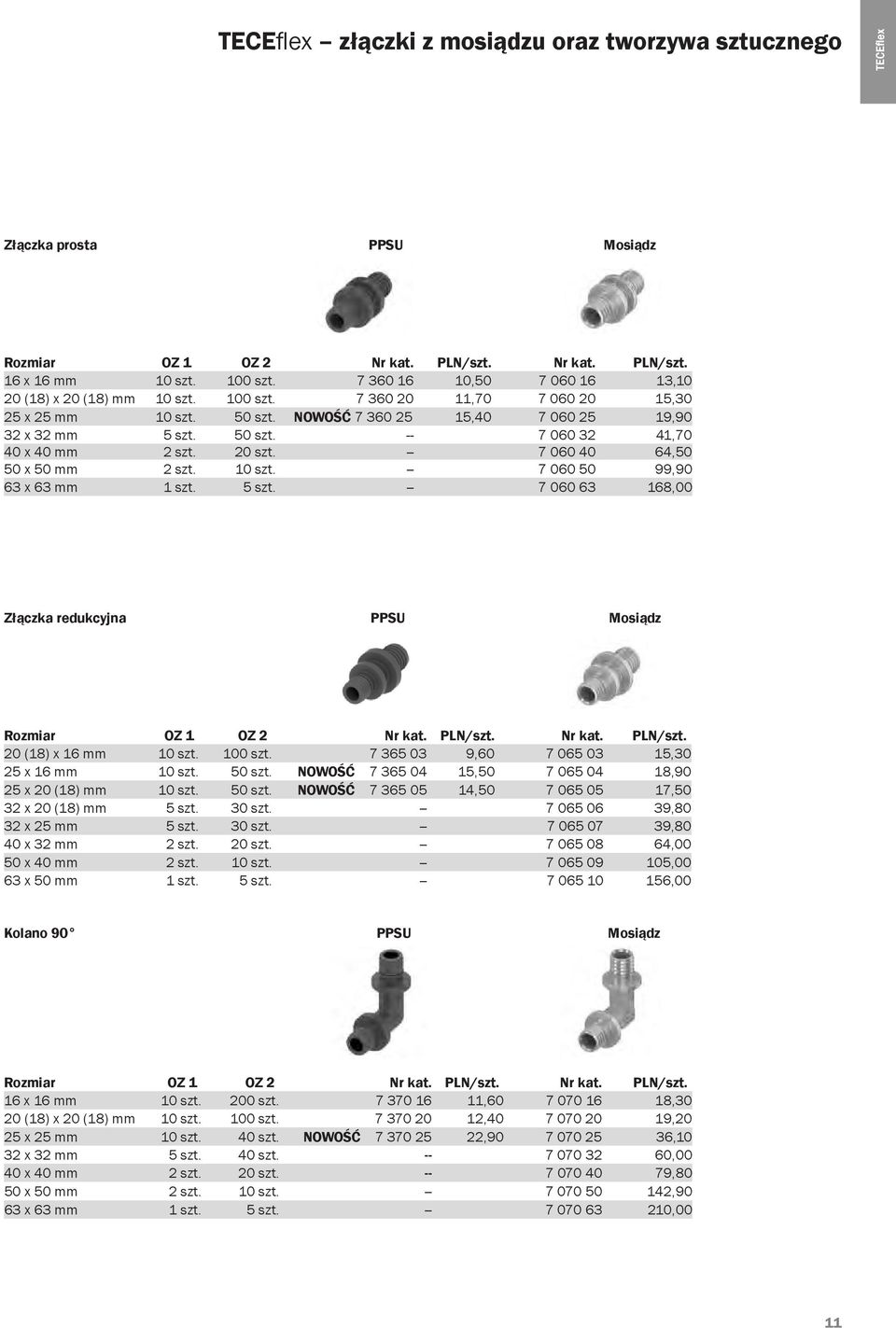 20 szt. -- 7 060 40 64,50 50 x 50 mm 2 szt. 10 szt. -- 7 060 50 99,90 63 x 63 mm 1 szt. 5 szt. -- 7 060 63 168,00 Złączka redukcyjna PPSU Mosiądz Rozmiar OZ 1 OZ 2 Nr kat. PLN/szt.