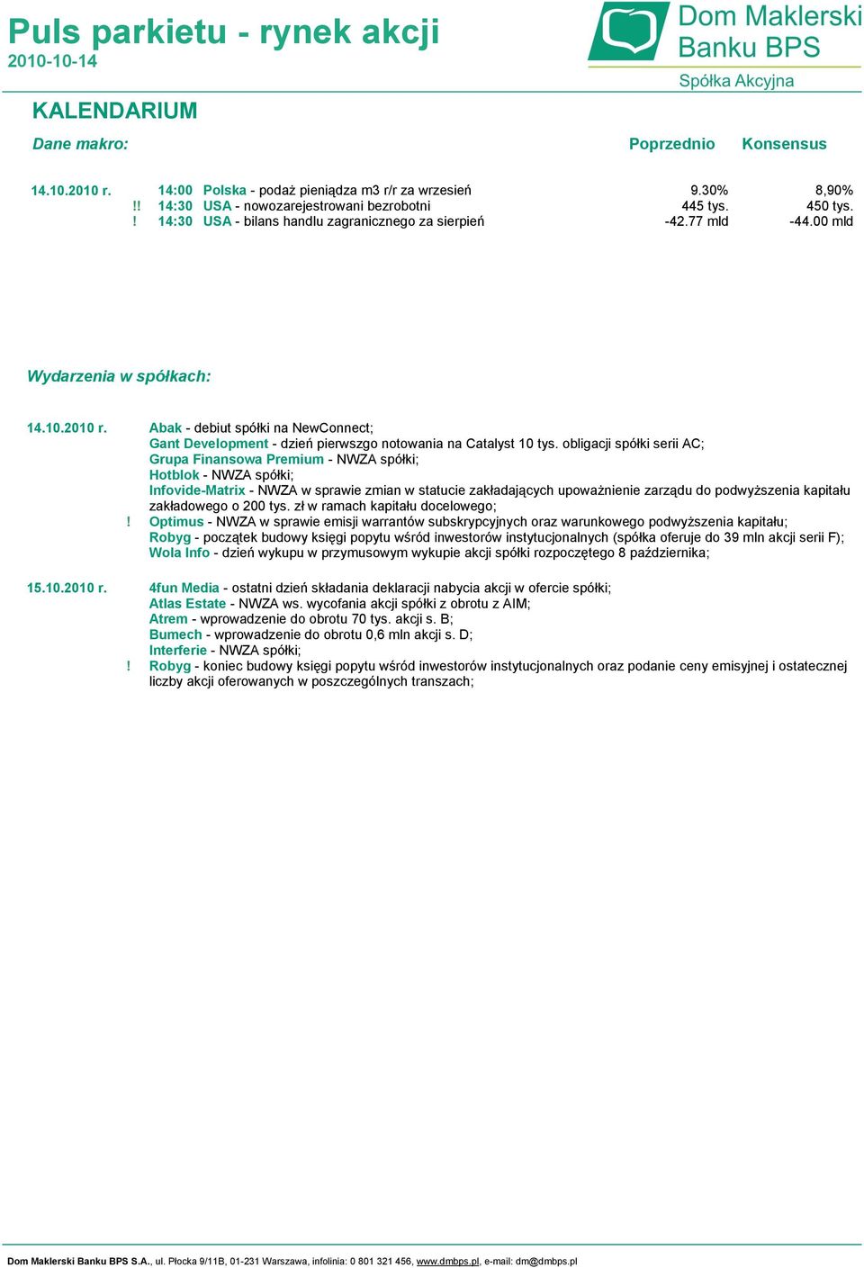 00 mld Wydarzenia w spółkach: 14.10.2010 r. 15.10.2010 r.!! Abak - debiut spółki na NewConnect; Gant Development - dzień pierwszgo notowania na Catalyst 10 tys.