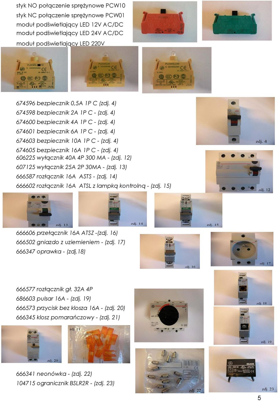 4) 606225 wyłącznik 40A 4P 300 MA - (zdj. 12) 607125 wyłącznik 25A 2P 30MA - (zdj. 13) 666587 rozłącznik 16A ASTS - (zdj. 14) 666602 rozłącznik 16A ATSL z lampką kontrolną - (zdj.