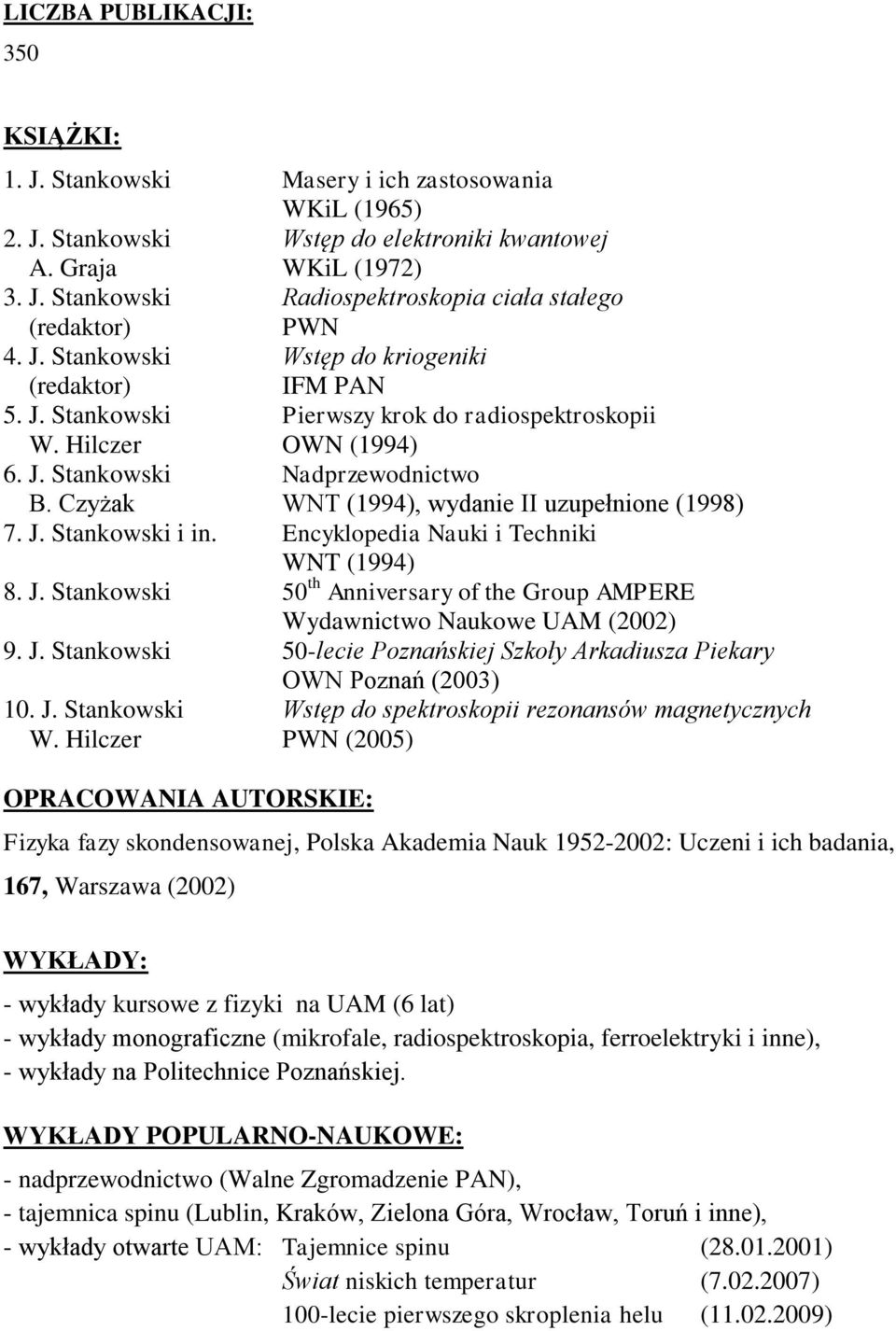 Czyżak WNT (1994), wydanie II uzupełnione (1998) 7. J. Stankowski i in. Encyklopedia Nauki i Techniki WNT (1994) 8. J. Stankowski 50 th Anniversary of the Group AMPERE Wydawnictwo Naukowe UAM (2002) 9.