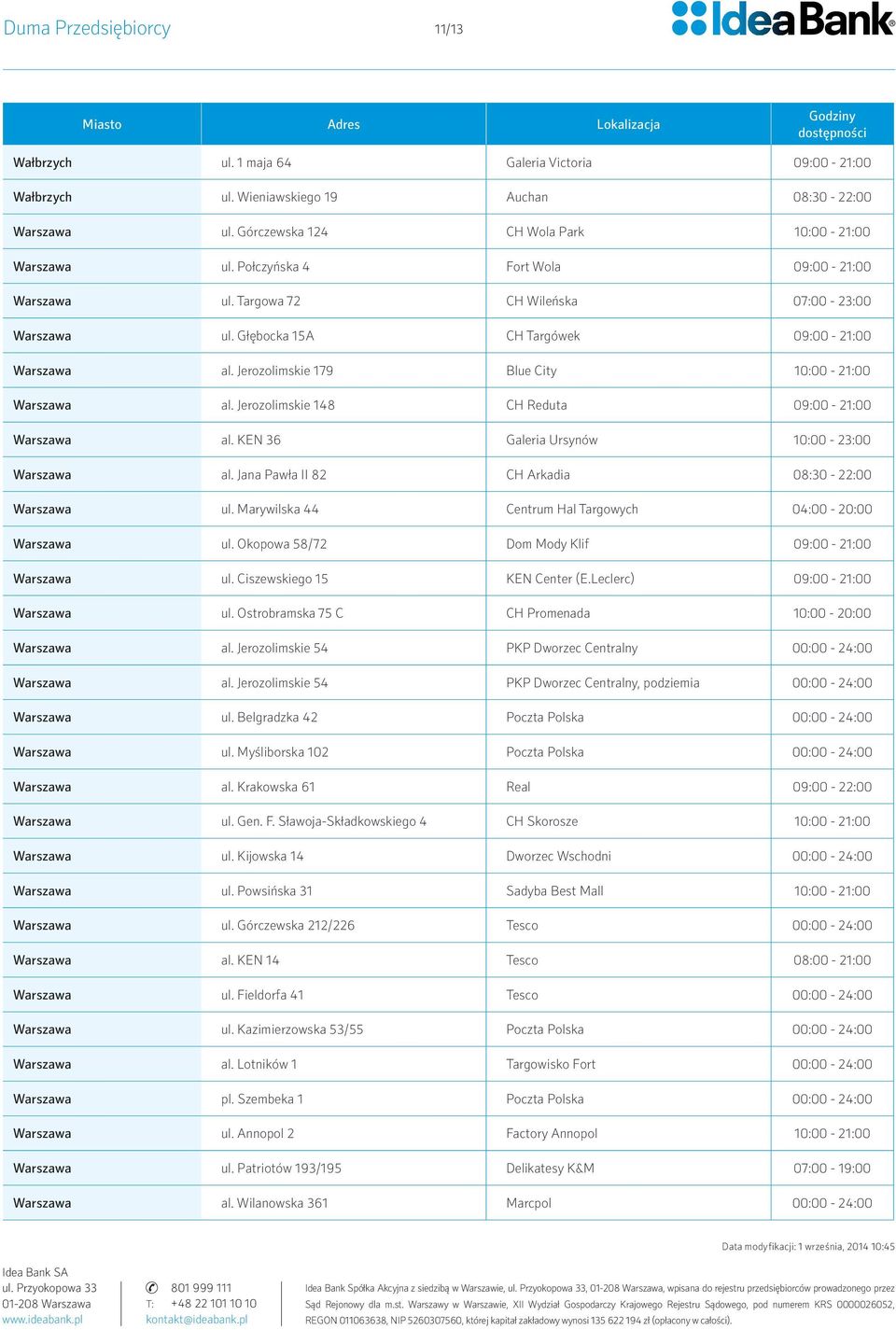 Jerozolimskie 148 CH Reduta 09:00-21:00 Warszawa al. KEN 36 Galeria Ursynów 10:00-23:00 Warszawa al. Jana Pawła II 82 CH Arkadia 08:30-22:00 Warszawa ul.