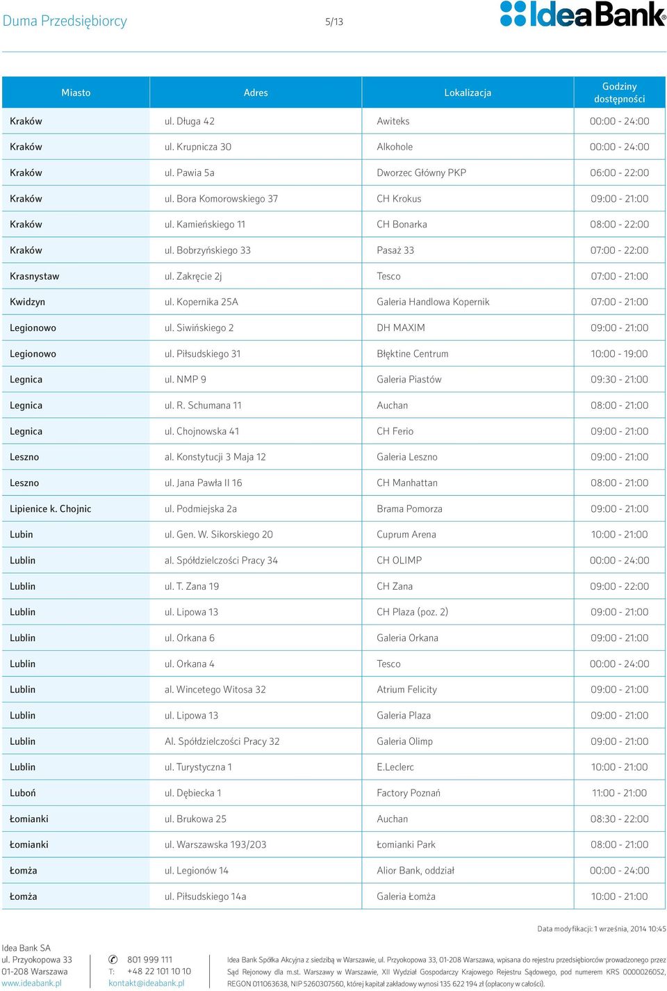 Kopernika 25A Galeria Handlowa Kopernik 07:00-21:00 Legionowo ul. Siwińskiego 2 DH MAXIM 09:00-21:00 Legionowo ul. Piłsudskiego 31 Błęktine Centrum 10:00-19:00 Legnica ul.