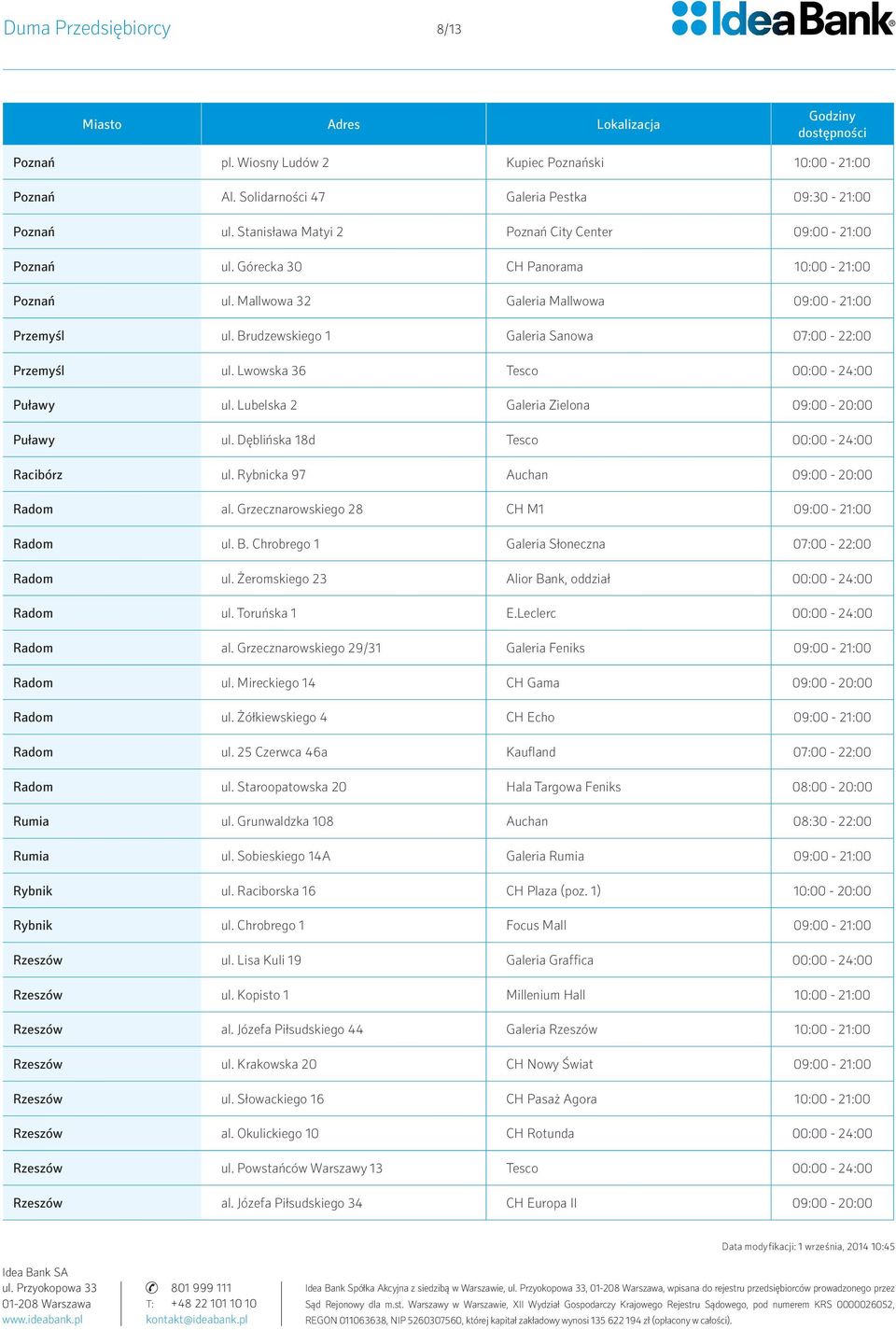 Brudzewskiego 1 Galeria Sanowa 07:00-22:00 Przemyśl ul. Lwowska 36 Tesco 00:00-24:00 Puławy ul. Lubelska 2 Galeria Zielona 09:00-20:00 Puławy ul. Dęblińska 18d Tesco 00:00-24:00 Racibórz ul.