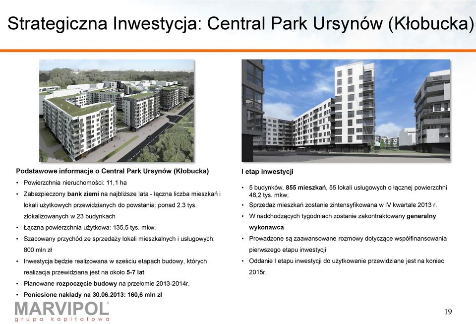 Szacowany przychód ze sprzedaży lokali mieszkalnych i usługowych: 800 mln zł Inwestycja będzie realizowana w sześciu etapach budowy, których realizacja przewidziana jest na około 5-7 lat Planowane