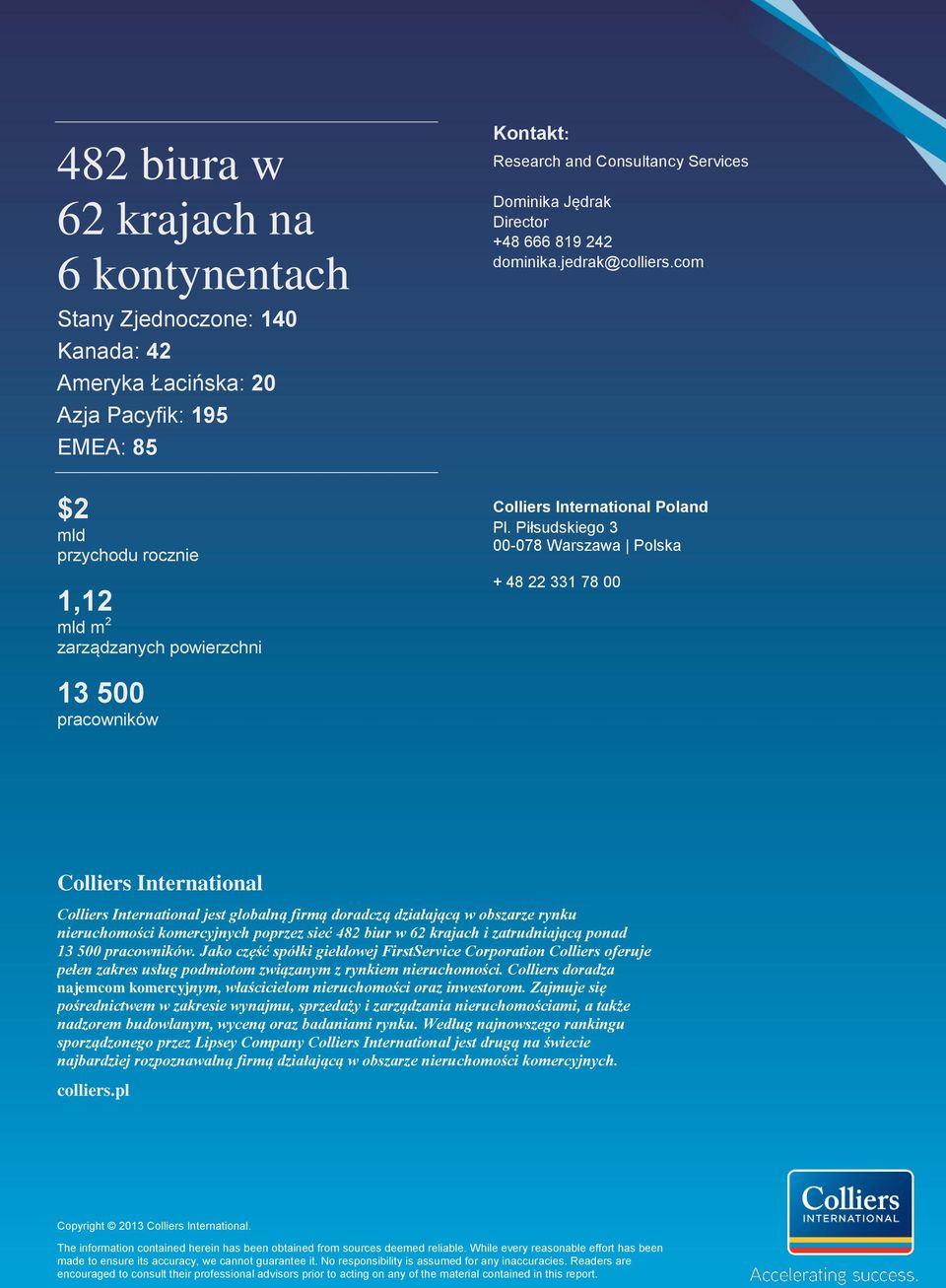 Piłsudskiego 3 00-078 Polska + 48 22 331 78 00 13 500 pracowników Colliers International Colliers International jest globalną firmą doradczą działającą w obszarze rynku nieruchomości komercyjnych