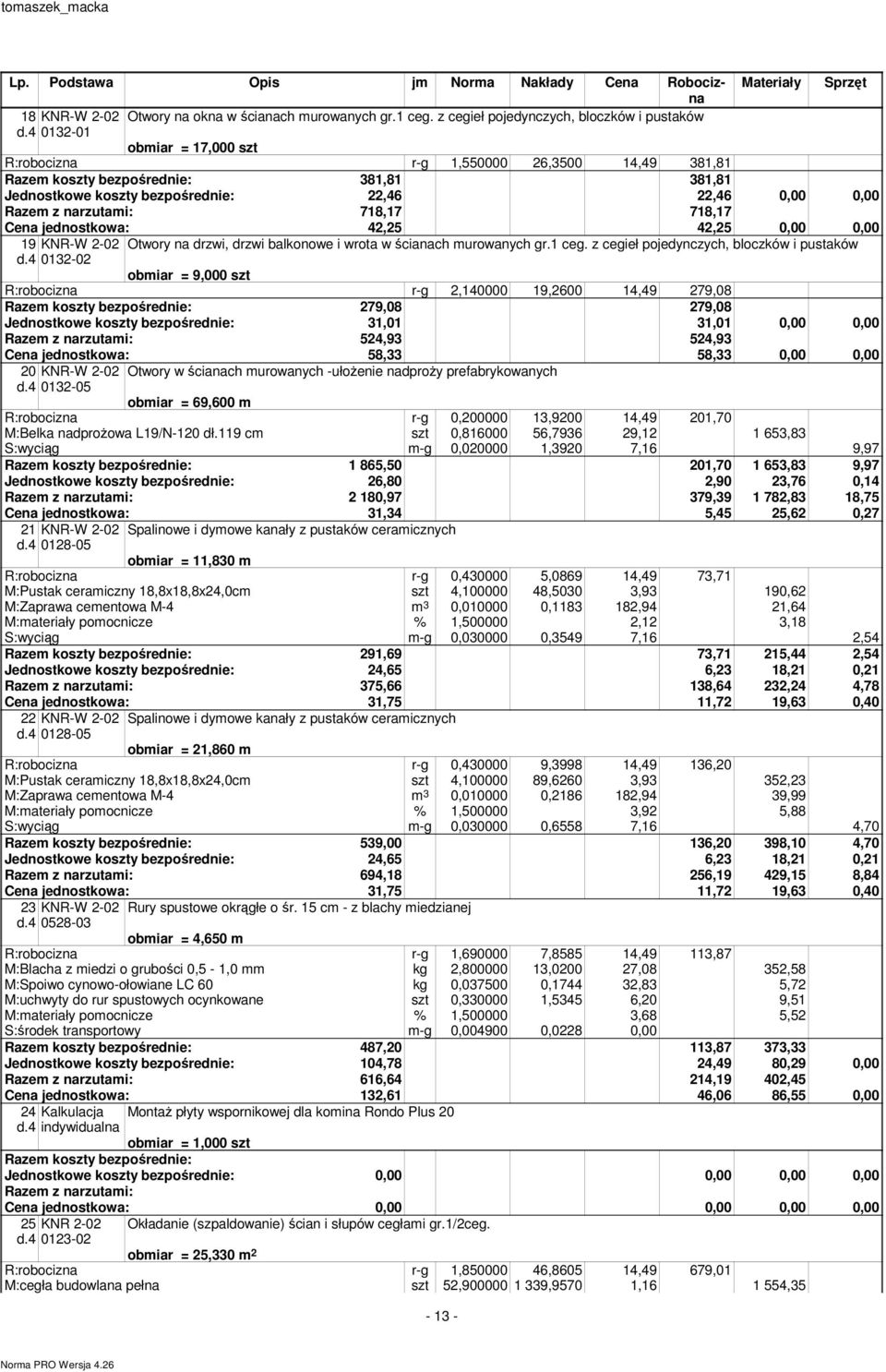 718,17 Cena jednostkowa: 42,25 42,25 0,00 0,00 19 KNR-W 2-02 Otwory na drzwi, drzwi balkonowe i wrota w ścianach murowanych gr.1 ceg. z cegieł pojedynczych, bloczków i pustaków d.