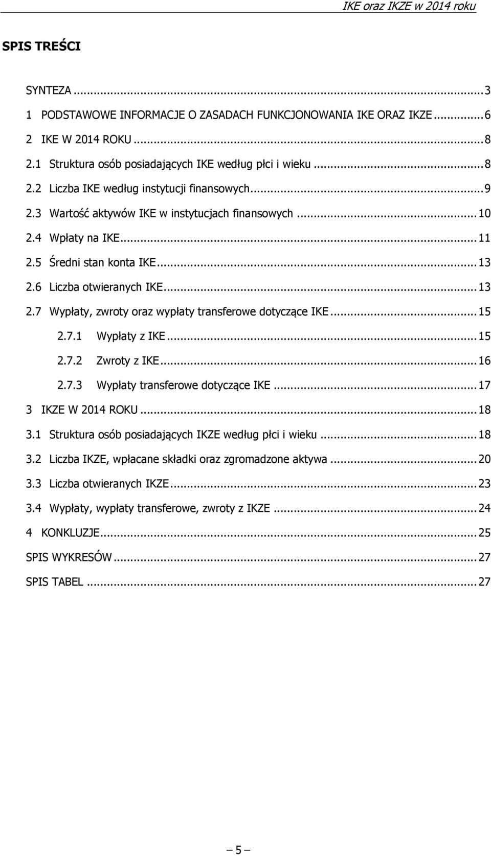 .. 15 2.7.1 Wypłaty z IKE... 15 2.7.2 Zwroty z IKE... 16 2.7.3 Wypłaty transferowe dotyczące IKE... 17 3 IKZE W 2014 ROKU... 18 3.1 Struktura osób posiadających IKZE według płci i wieku... 18 3.2 Liczba IKZE, wpłacane składki oraz zgromadzone aktywa.