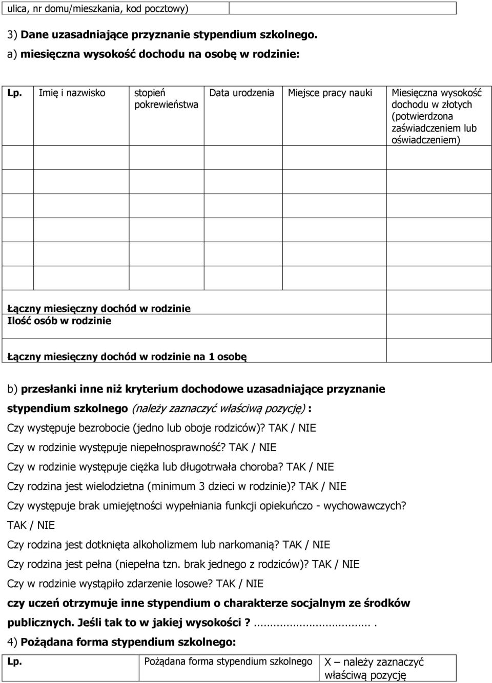 Ilość osób w rodzinie Łączny miesięczny dochód w rodzinie na 1 osobę b) przesłanki inne niż kryterium dochodowe uzasadniające przyznanie stypendium szkolnego (należy zaznaczyć właściwą pozycję) : Czy