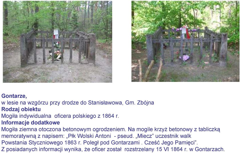 Na mogile krzyż betonowy z tabliczką memoratywną z napisem: Płk Wolski Antoni - pseud.