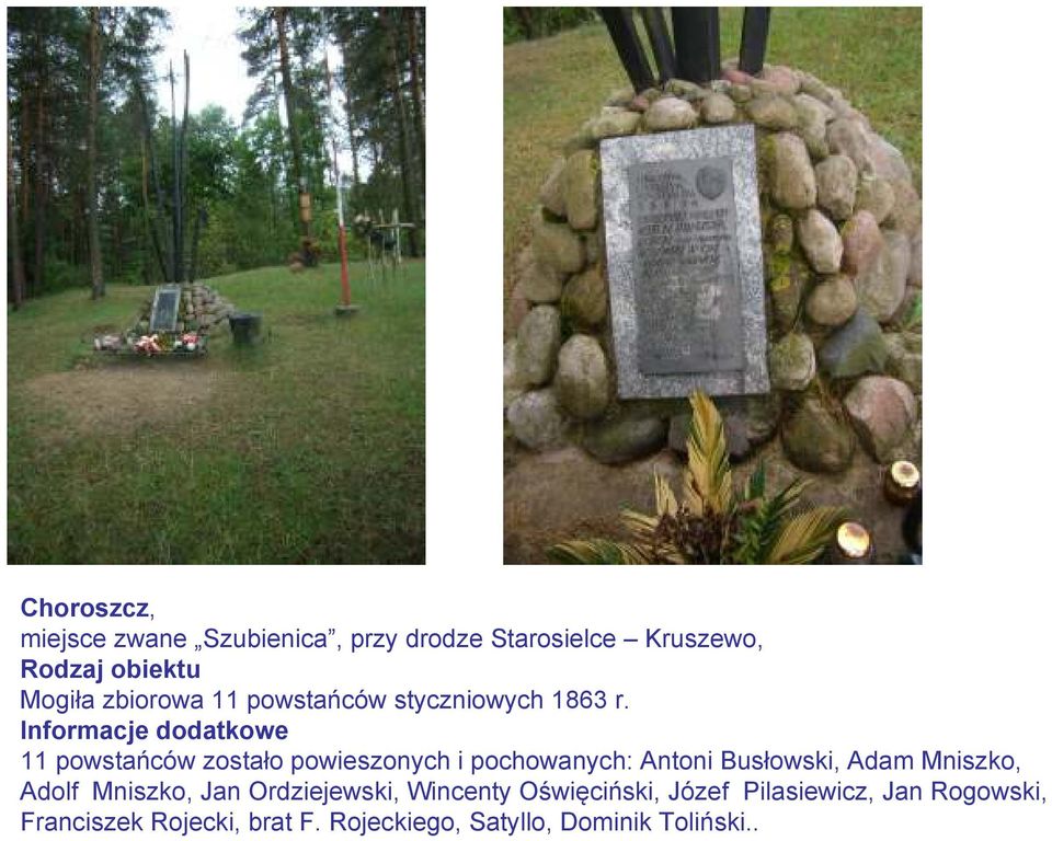 11 powstańców zostało powieszonych i pochowanych: Antoni Busłowski, Adam Mniszko, Adolf