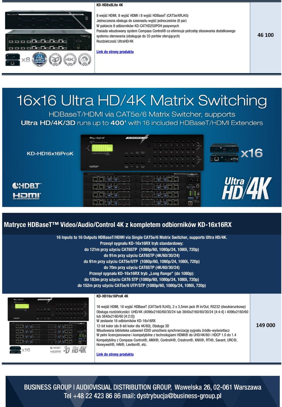 Video/Audio/Control 4K z kompletem odbiorników KD-16x16RX 16 Inputs to 16 Outputs HDBaseT/HDMI via Single CAT5e/6 Matrix Switcher, supports Ultra HD/4K.
