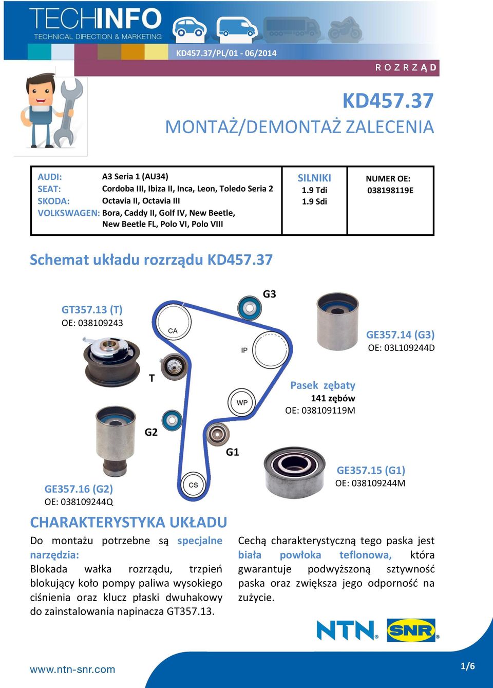 FL, Polo VI, Polo VIII SILNIKI 1.9 Tdi 1.9 Sdi NUMER OE: 038198119E Schemat układu rozrządu KD457.37 GT357.13 (T) OE: 038109243 G3 GE357.