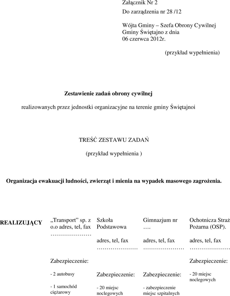 wypełnienia ) Organizacja ewakuacji ludności, zwierząt i mienia na wypadek masowego zagrożenia. REALIZUJĄCY Transport sp. z o.