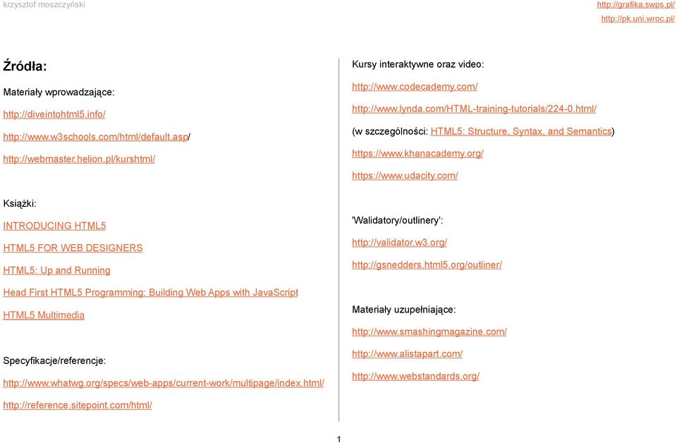com/ Książki: INTRODUCING HTML5 HTML5 FOR WEB DESIGNERS HTML5: Up and Running Head First HTML5 Programming: Building Web Apps with JavaScript HTML5 Multimedia Specyfikacje/referencje: http://www.