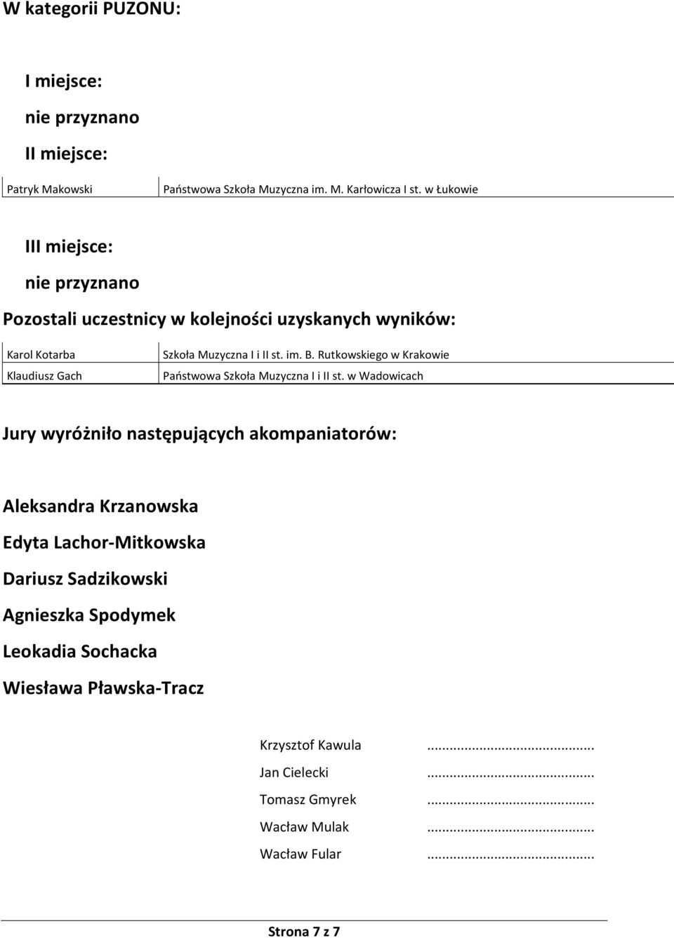 Rutkowskiego w Krakowie Jury wyróżniło następujących akompaniatorów: Aleksandra Krzanowska Edyta Lachor-Mitkowska