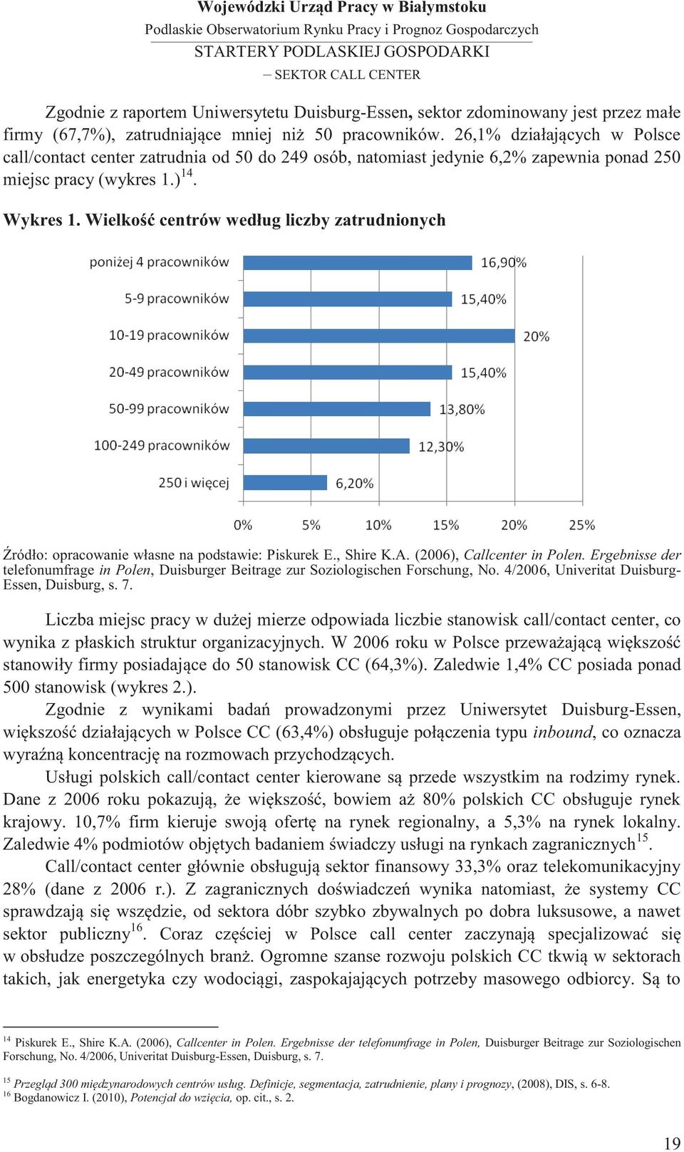 Wielkość centrów według liczby zatrudnionych Źródło: opracowanie własne na podstawie: Piskurek E., Shire K.A. (2006), Callcenter in Polen.