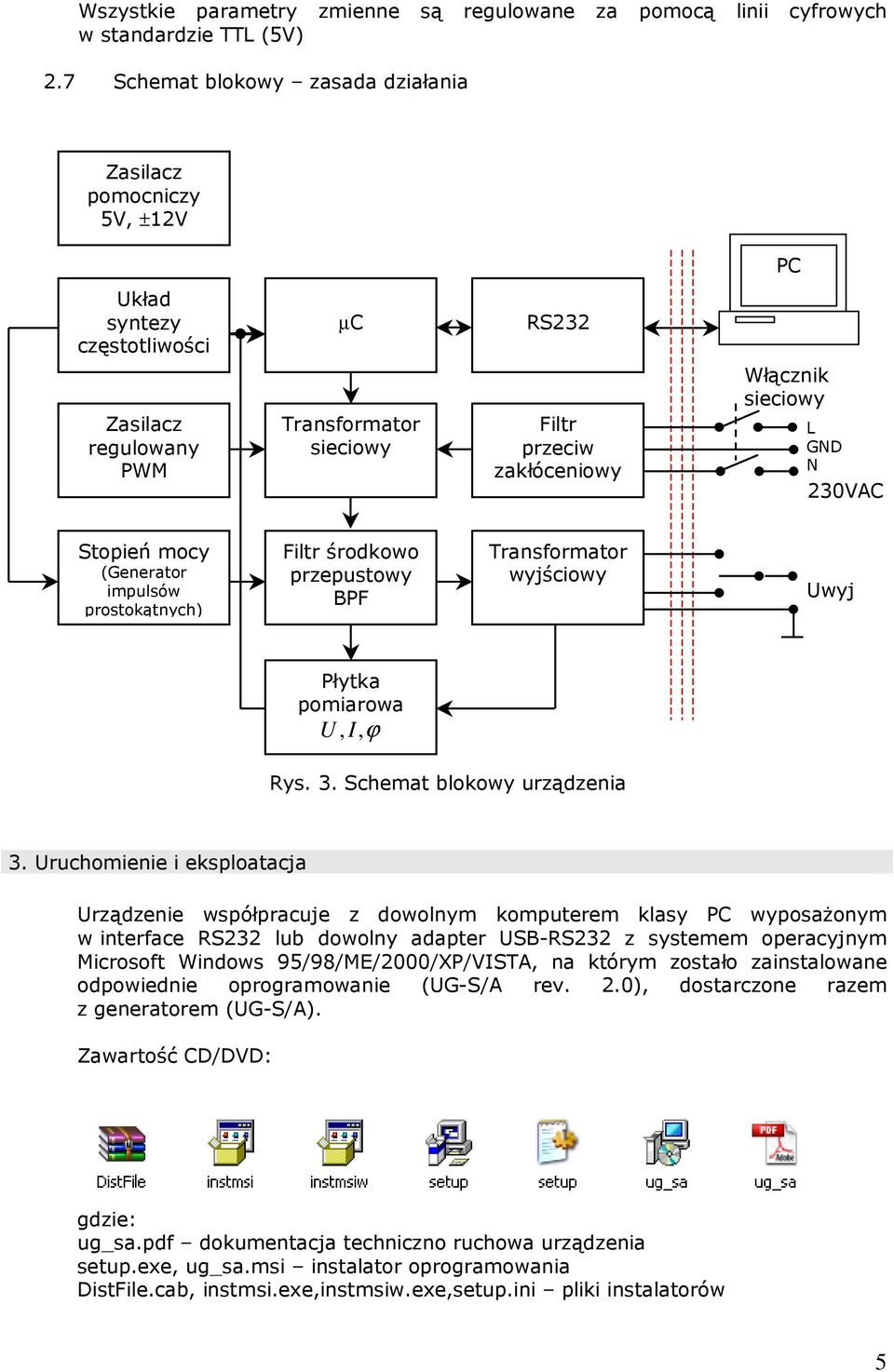 GND N 230VAC Stopień mocy (Generator impulsów prostokątnych) Filtr środkowo przepustowy BPF Transformator wyjściowy Uwyj Płytka pomiarowa U, I,ϕ Rys. 3. Schemat blokowy urządzenia 3.