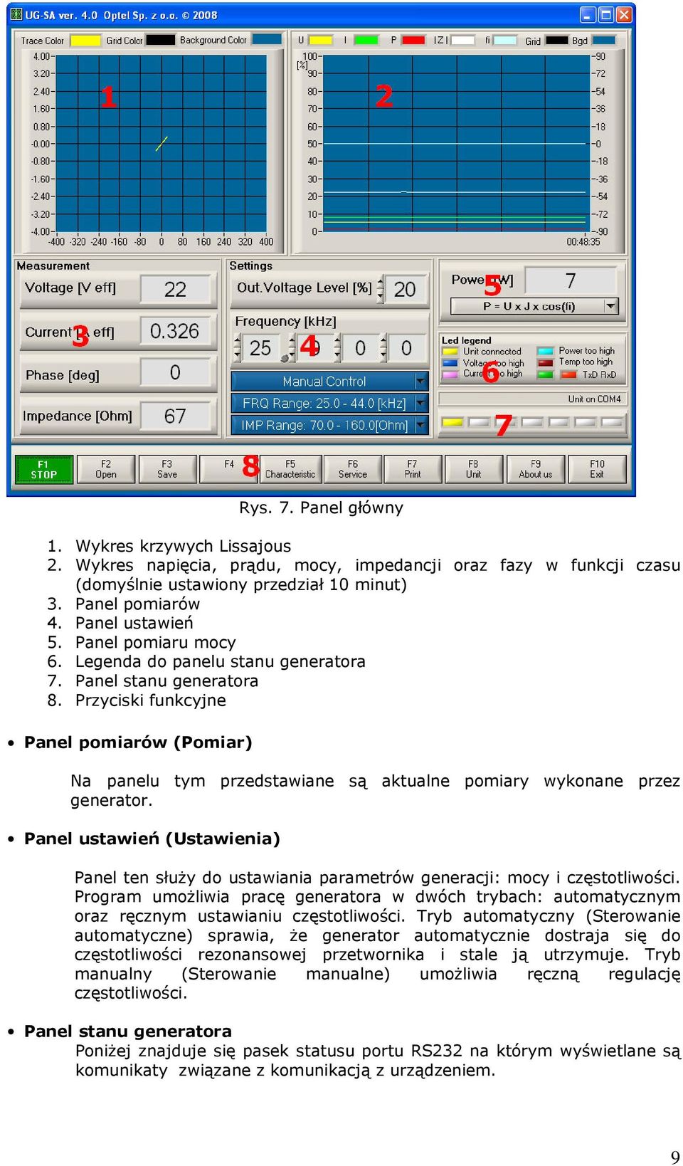 Przyciski funkcyjne Panel pomiarów (Pomiar) Na panelu tym przedstawiane są aktualne pomiary wykonane przez generator.