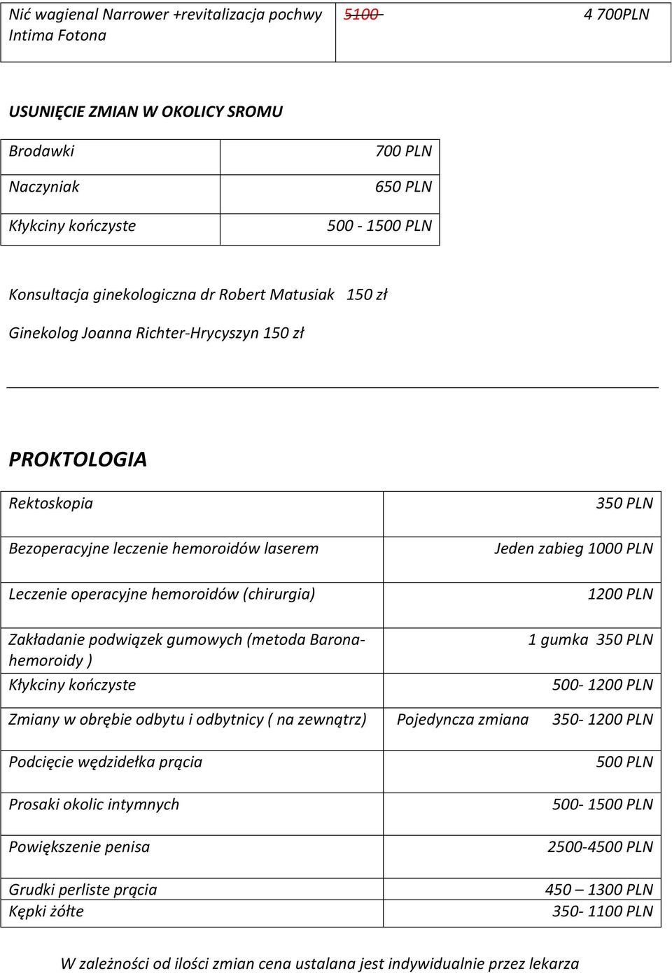 gumowych (metoda Baronahemoroidy ) Kłykciny kończyste 350 PLN Jeden zabieg 1000 PLN 1200 PLN 1 gumka 350 PLN 500-1200 PLN Zmiany w obrębie odbytu i odbytnicy ( na zewnątrz) Pojedyncza zmiana 350-1200