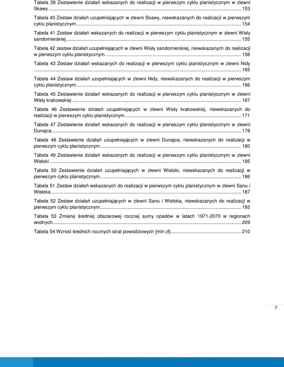 .. 154 Tabela 41 Zestaw działań wskazanych do realizacji w pierwszym cyklu planistycznym w zlewni Wisły sandomierskiej.