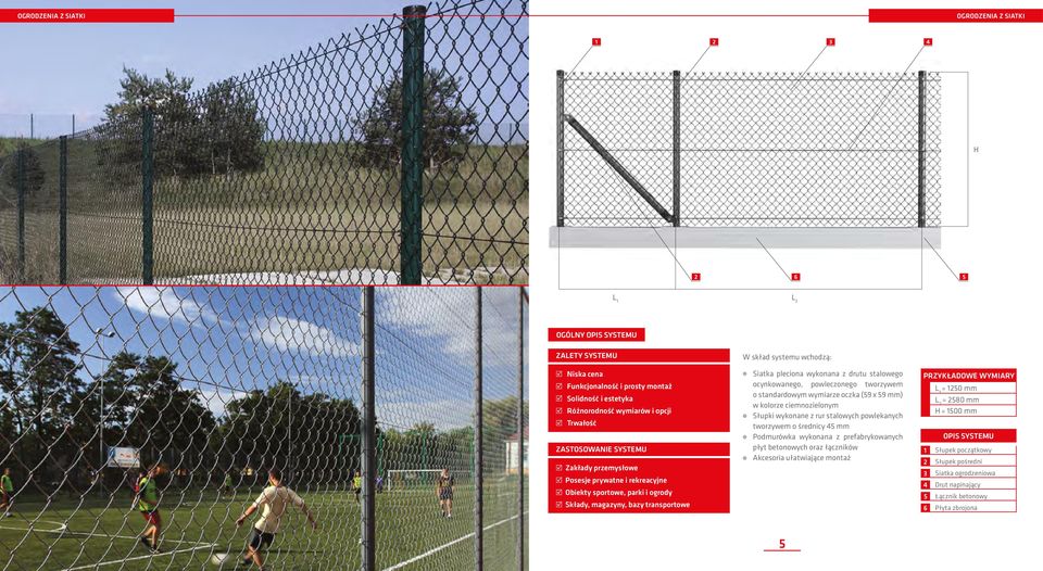 ocynkowanego, powleczonego tworzywem o standardowym wymiarze oczka (59 x 59 mm) w kolorze ciemnozielonym Słupki wykonane z rur stalowych powlekanych tworzywem o średnicy 5 mm Podmurówka wykonana z