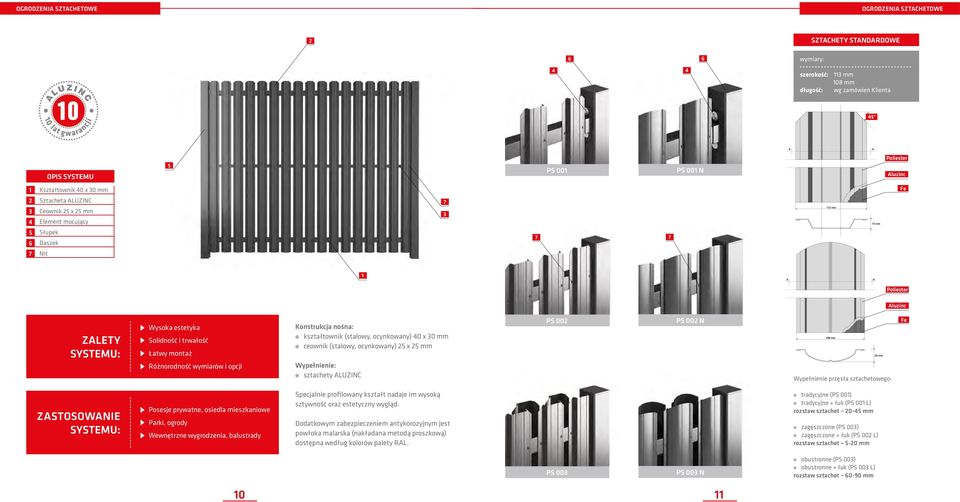 Konstrukcja nośna: kształtownik (stalowy, ocynkowany) 0 x 0 mm ceownik (stalowy, ocynkowany) 5 x 5 mm Wypełnienie: sztachety ALUZINC PS 00 PS 00 N Wypełnienie przęsła sztachetowego: Fe ZASTOSOWANIE