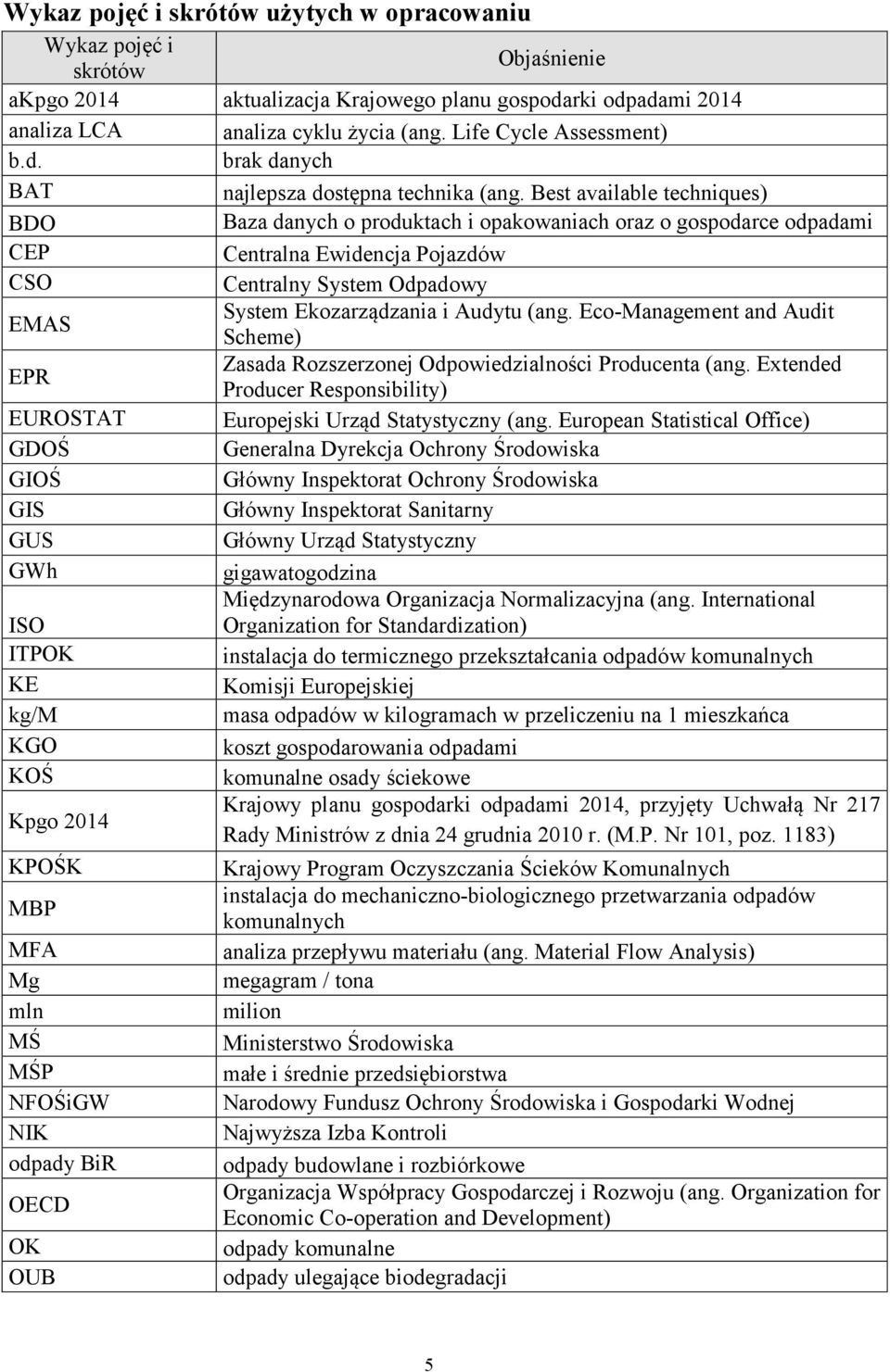 Best available techniques) BDO Baza danych o produktach i opakowaniach oraz o gospodarce odpadami CEP Centralna Ewidencja Pojazdów CSO Centralny System Odpadowy EMAS System Ekozarządzania i Audytu